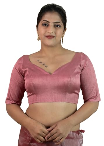 Image of FIGURE'S DESIGNER Women's Dupion Raw Silk Half Elbow Sleeves Sweetheart V Neck Sabyasachi Cut Readymade Saree Blouse S10