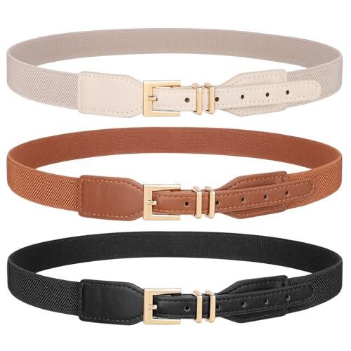 JASGOOD Women Skinny Elastic Waist Belt for Dresses Ladies Thin Stretchy Belts with Square Gold Buckle