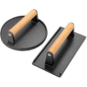 Wildone Burger Press, 7″ Round & 8.2″X4.3″ Rectangle Heavy-Duty Cast Iron Smash Bacon Press Meat Steak with Wood Handle for Griddle, Sandwich, Panini, Nonstick Pan