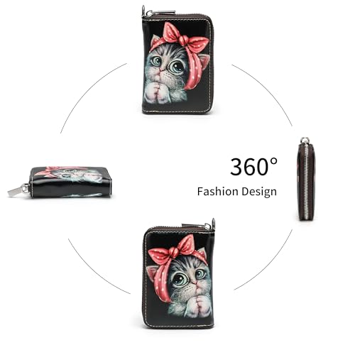 RFID Credit Card Holder Wallets for Women Leather Zipper Card Case for Ladies Holder Wallet with Neck Lanyard Black Bow Cat4