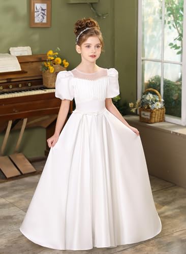 Girls First Communion Dress Satin Flower Girl Dresses for Wedding Puff Sleeves Party Ball Gown3