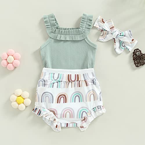 Newborn Baby Girl Clothes Solid Sleeveless Ribbed Romper Rainbow Ruffle Shorts Headband Set 3Pcs Summer Rainbow Outfits (A-C Green Rainbow, 3-6 Months) #TOP1