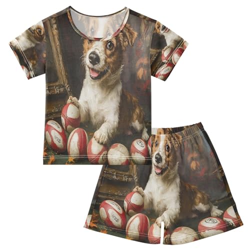 ALAZA Cute Dog American Football Rugby Pajamas Set Short Sleeve Cotton Sleepwear Summer Pjs 2 Piece 5-14Y