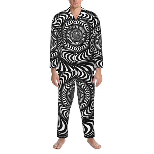 Black And White Swirl Lines Mens Pajamas Set Button Down Sleepwear Set Long Sleeve Loungewear With Pockets - Main Image