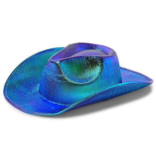 Zodaca Holographic Western Cowboy Hat with Feathers, Cowgirl Costume Accessories (Blue and Green, Youth Size Small)
