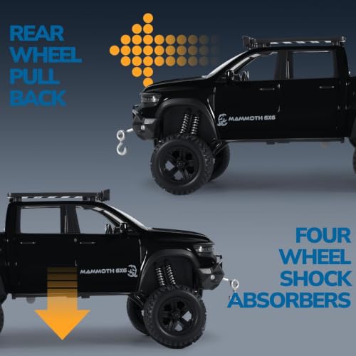 Image of RAM Mammoth Pick-Up Model Car 1:32 Exclusive Alloy Metal Pull Back Die-cast Car Die-cast Metal Pullback Toy car with Openable Doors & Light Music, Multicolour Six Wheel