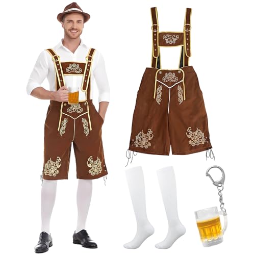 Costume Oktoberfest Uomo, Costume Carnevale Uomo con Pantaloni In Pelle, Calzettoni Alti Fino Ginocchio e Portachiavi Bottiglia Birra per Halloween, Travestimenti, Cosplay, Feste Festival Della Birra