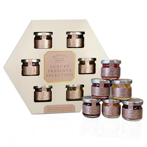 Topline - Pack of 6 Market Lane Luxury Jams and Preserves Selection Gift Set - Apricot, Strawberry, Cherry, Raspberry, Orange, Blackberry in Glass Jars 32g. Great for Christmas Hampers