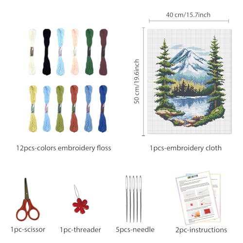 Image of FREEBLOSS 11CT Cross Stitch Kit Stamped Cross Stitch Craft Kit with Stitching Guide for Beginners Lake Landscape Embroidery Set Crossstitch Wall Hanging Set 15.7x19.7inch