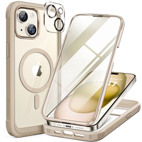 Image of Miracase Glass Series for iPhone 15 Case [Compatible with MagSafe] Full-Body Magnetic Bumper Case with Built-in 9H Tempered Glass Anti-Fingerprint Screen Protector + Camera Lens Protector, Beige