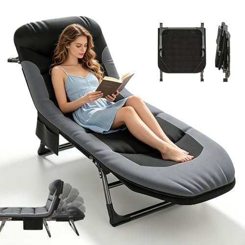 Chaise longue pliable, lit de camping réglable sur 6 positions, transat pliable avec oreiller et matelas, lit de pêche, parfait pour le camping,...