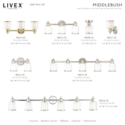 Livex Lighting 40213-35 Middlebush Collection 3-Light Bathroom Vanity Light with Double Shaded Hand Crafted Glass Shades, Polished Nickel, 23.5 x 6.5 x 9 by Livex - Image 7
