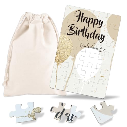 Geburtstagskarte Gutscheine zum selber ausfüllen 24-teilig Happy Birthday Puzzle mit Baumwoll-Säckchen Gutschein Geburtstag Wunschgutschein Lustige Geburtstagsgeschenk für Frauen Freundin