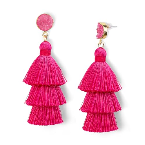 Me&Hz Trendy Hot Pink Earrings Tassel Earring for Women Dangling Earrings Pierced Boho Statement Layered Fringe Earring Hot Pink Jewelry Birthday Valentines Day Gift for Her