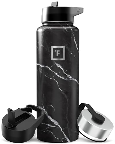Image of IRON FLASK Camping & Hiking Hydration Flask with Straw, Wide Mouth Insulated Stainless Steel Sports Water Bottle - 40 oz Black Marquina