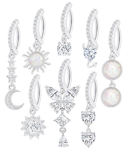 Tornito 8Pcs 14G Clicker Belly Button Ring Stainless Steel Moon Butterfly Devil Opal CZ Evil Eye Snake Dangle Navel Ring Body Piercing Jewelry for Women Silver Tone