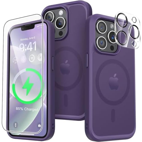 Strong Magnetic for iPhone 13 Pro Case, [Compatible with Magsafe][Mil-Grade Shockproof] with Screen Protector & Camera Lens Protector Matte Case for iPhone 13 Pro 6.1 inch - Deep Purple