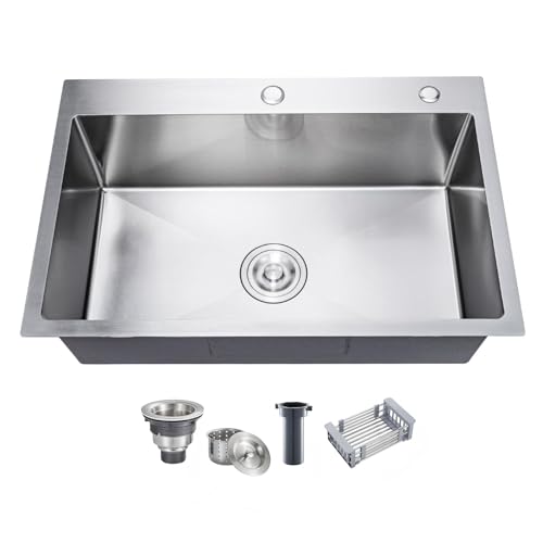 DuyviSteil 33 Inch Drop In Kitchen Sink, 16 Gauge Stainless Steel Kitchen Sink Single Bowl Sinks with Drain Strainer (33"x19"x9")