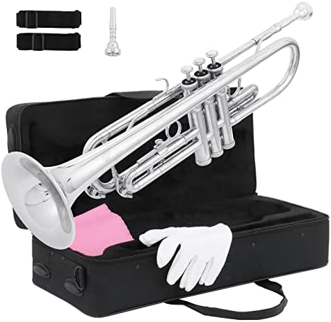 Ktaxon Bb Standard Trumpet for Beginners,Trumpet for Student with Hard Case,7C Mouthpiece,Cleaning Cloth,Gloves,Brass Instruments for Kids and Adults(Silver)