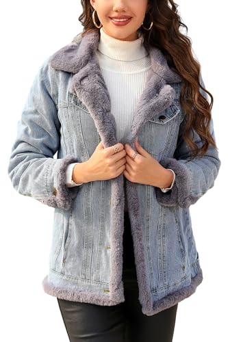 Bellivera Women's Denim Jacket Sherpa Fleece Lined Coats Faux Fur Warm Spring Jean Trucker Outerwear 22735 Black S