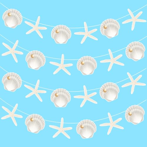 Image of Starfish Sea Shell Banners 4PCS Coastal Beach Party Decorations Nautical Shells Cutout Banners Ocean Starfish Decorations for Under the Sea Summer Baby Shower Party Supplies