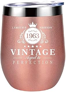 Giiwi 1963 - 60th Birthday Gifts for Women, 12 oz Wine Tumbler with Lids, Double Wall Vacuum Insulated Stainless Steel Stemless Wine Glass, Ideal Gifts for Woman, Rose Gold