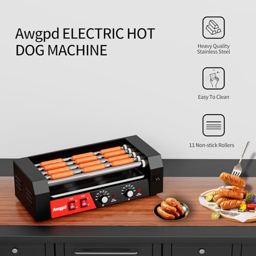 Hot Dog Roller 5 Rollers 12 Hot Dogs Capacity, 750W Stainless Commercial Sausage Grill Cooker Machine with Dual Temp Control,Removable Drip Tray for Party Home Commercial (5 Roller)