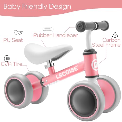 Baby Balance Bike for 1 Year Old Girl Gifts, 10-24 Month Toddler Balance Bike, 4 Silent Wheels Pre-School First Ride On Toys, 1st Birthday Gifts (Pink) by Lscoise - Image 3