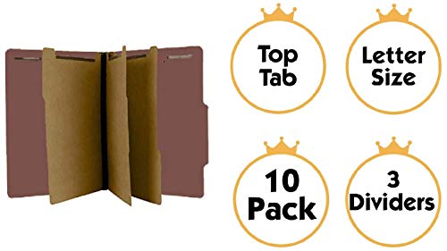 The File King Three Divider Pressboard Classification Carnelia Red File Folder - Letter Size | Box Of 10 | 2/5 Roc Top Tab | 3” Expansion | Eight 2-Inch Fastener Prongs | Usa Made #TOP1