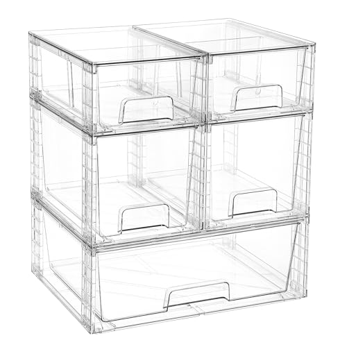 Image of Vtopmart Clear Stackable Storage Drawers Set of 5, Easily Assemble Acrylic Bathroom Undersink Organizers,Plastic Storage Bins for Closet,Cabinet,Pantry,Medicine Organization