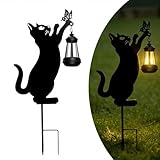 Lily's Home Black Cat Garden Decor with Solar Light Lantern - Outdoor Solar Lights for Pathway & Patio - Durable Waterproof Metal - Yard & Patio Decor - Unique Gift for Cat Lovers - 23’’ Tall