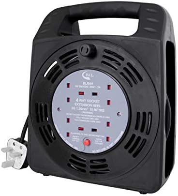 Invero - Black Edition - 4 Way Mains Socket with 15M Extension Lead Cable Reel with Thermal Cut-Out Switch - Heavy Duty British Approved 13A - Ideal for Workshops, Home Use, DIY and more - 15 Metres