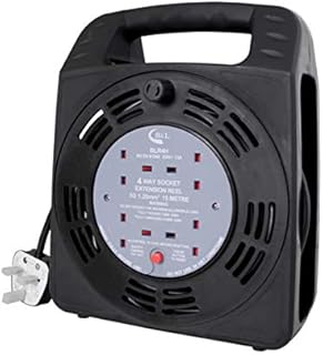 Invero - Black Edition - 4 Way Mains Socket with 15M Extension Lead Cable Reel with Thermal Cut-Out Switch - Heavy Duty British Approved 13A - Ideal for Workshops, Home Use, DIY and more - 15 Metres
