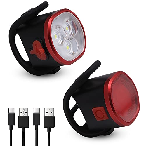 Homdec USB Rechargeable Bike Light Set, Super Bright Front Headlight and Rear LED Bicycle Light, 300mah Lithium Battery, 4 Light Mode Options (2 USB Cables and 2 Strap Included)