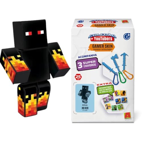 Kit Boneco Athos com Chaveiros Minecraft 25 cm Streamers Gamer Coleção Youtubers