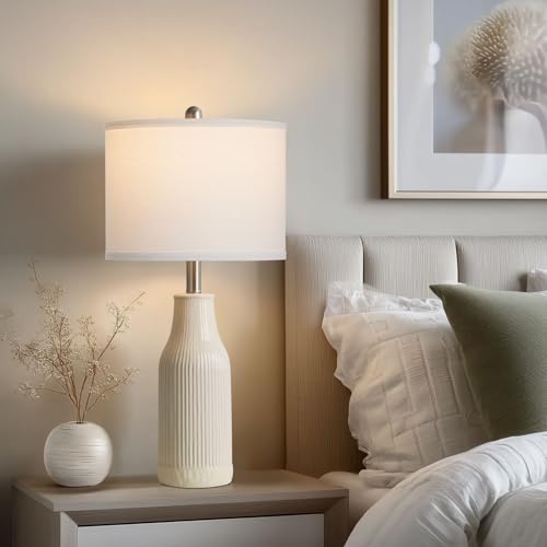 luxeflow 24.5" Ceramic Table Lamps Set of 2, Modern Farmhouse Bedside Lamps for Bedroom Nightstand, Small Table Lamp for Living Room End Table, Beige (2 LED Bulbs Included) - image 5