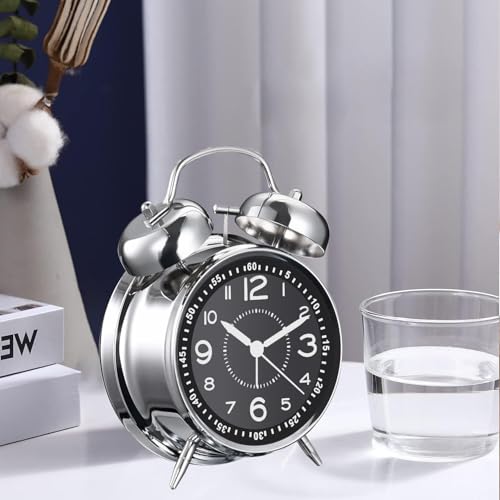 Image of Azyh Loud Alarm Clock for Heavy Sleepers Adults, Metal 4 Inches Twin Bell Battery Operated Alarm Clocks for Bedrooms Decoration, Silent Non-Ticking (Silver)