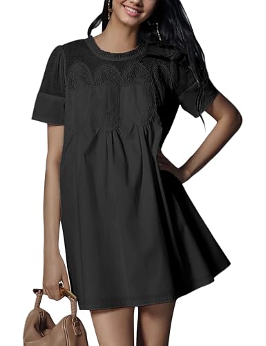 Womens Summer Lace Mini Babydoll Dress Ruffled Collar Short Sleeve Loose Mesh Swing Elegant Flared Sundress