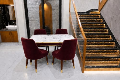 Image of WOODEN SPACE 4 Seater Wooden Dining Table Set | Urban Marble Top Dining Table with Chairs for Dining Room & Kitchen (Modern Frontline Maroon) (54 x 36 x 30 inch)