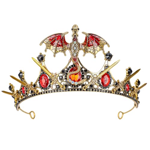 CoTeeZa Fairy Crown Dragon Headpiece - Gold Red Dragon Sword Headband for Women Men Viking Celtic Vampire Queen Headwear for Renaissance Halloween Fantasy Cosplay Accessories