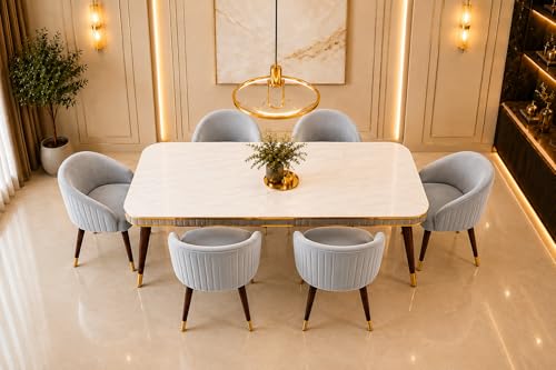Image of WOODEN SPACE 6-Seater Wooden Dining Table Set | Nano Composite Marble Top | Solid Wood Base | Modern Dining Room Furniture with 6 Chairs (Light Grey MJ Backline)