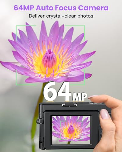 Appareil photo numérique 4K 64MP avec WiFi, zoom numérique 16x, écran rabattable à 180° et autofocus – Caméra de vlogging pour selfies, caméra WiFi compacte avec carte de 32 Go et 2 batteries, idéal – Image 4
