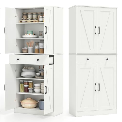 KOMFOTEU 183 cm Küchenschrank mit Doppeltür, 1 Schublade, 3 verstellbaren Einlegeböden, Buffetschrank Hochschrank mit Kippschutz, Vorratsschrank 77 x 39 x 183 cm, Weiß KOMFOTEU 183 cm Küchenschrank mit Doppeltür, 1 Schublade, 3 verstellbaren Einlegeböden, Buffetschrank Hochschrank mit Kippschutz, Vorratsschrank 77 x 39 x 183 cm, Weiß