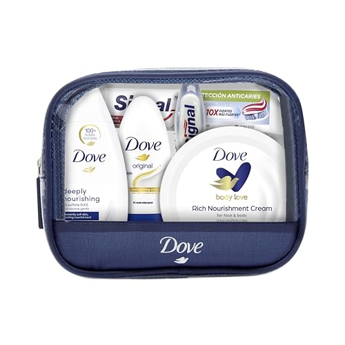 Dove Neceser Mini de Viaje para mujer contiene Gel de Ducha 55ml + Antitranspirante Roll On 50ml + Tarro de Crema Intensiva 75ml + Dentífrico Signal 16ml+ Cepillo de Dientes Signal