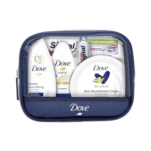 Dove Neceser Mini de Viaje para Mujer, Gel Ducha Hidratación Profunda 55 ml, Desodorante Roll On 50 ml, Crema 75 ml, Pasta de Dientes Signal White Now y Cepillo de Dientes Signal