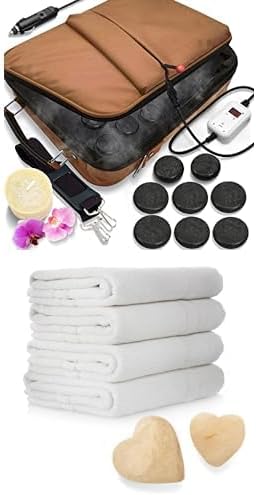 SereneLife Bundle of Portable Massage Stone Warmer Set with 2 Salt Massage Stones and 4 Massage Towels, Electric Spa Hot Stones Massager and Heater Kit with 6 Large and 6 Small Basalt Massaging Rocks