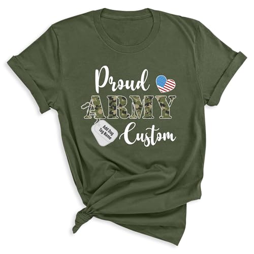 Customizable Proud Military Family T-Shirts, Personalized Army Marine Navy Air Force Mom Dad and Relatives with Dog Tag Print, Boot Camp Graduation Gifts
