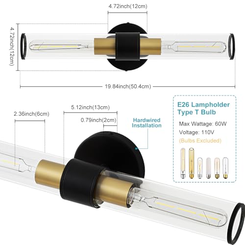 Image of Black and Gold Wall Sconce, Bathroom Light Fixtures in Clear Glass Indoor Wall Sconces, Modern Sconce Wall Lighting Up and Down Vanity Lights Fixtures for Bathroom - Bulb Not Included