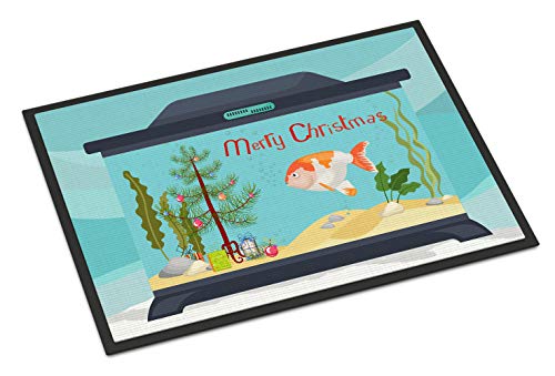 Caroline's Treasures CK4513MAT Lionhead Goldfish Merry Christmas Doormat 18x27 Front Door Mat Indoor Outdoor Rugs for Entryway, Non Slip Washable Low Pile, 18H X 27W