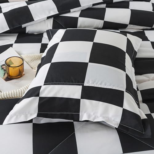 Image of Caressma Comforter Set Black White Checkered King Size Bedding Set